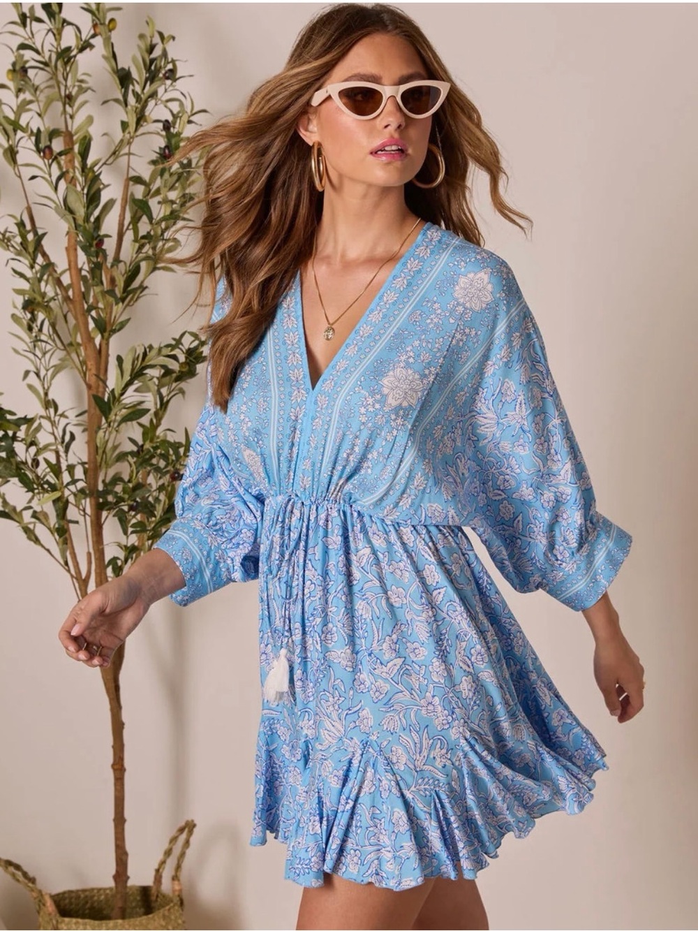 Light Blue Floral V-Neck Babydoll Dress
